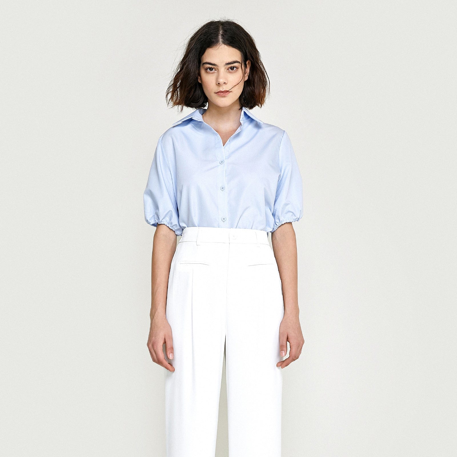 Light Sky Blue Short Puff Sleeve Shirt