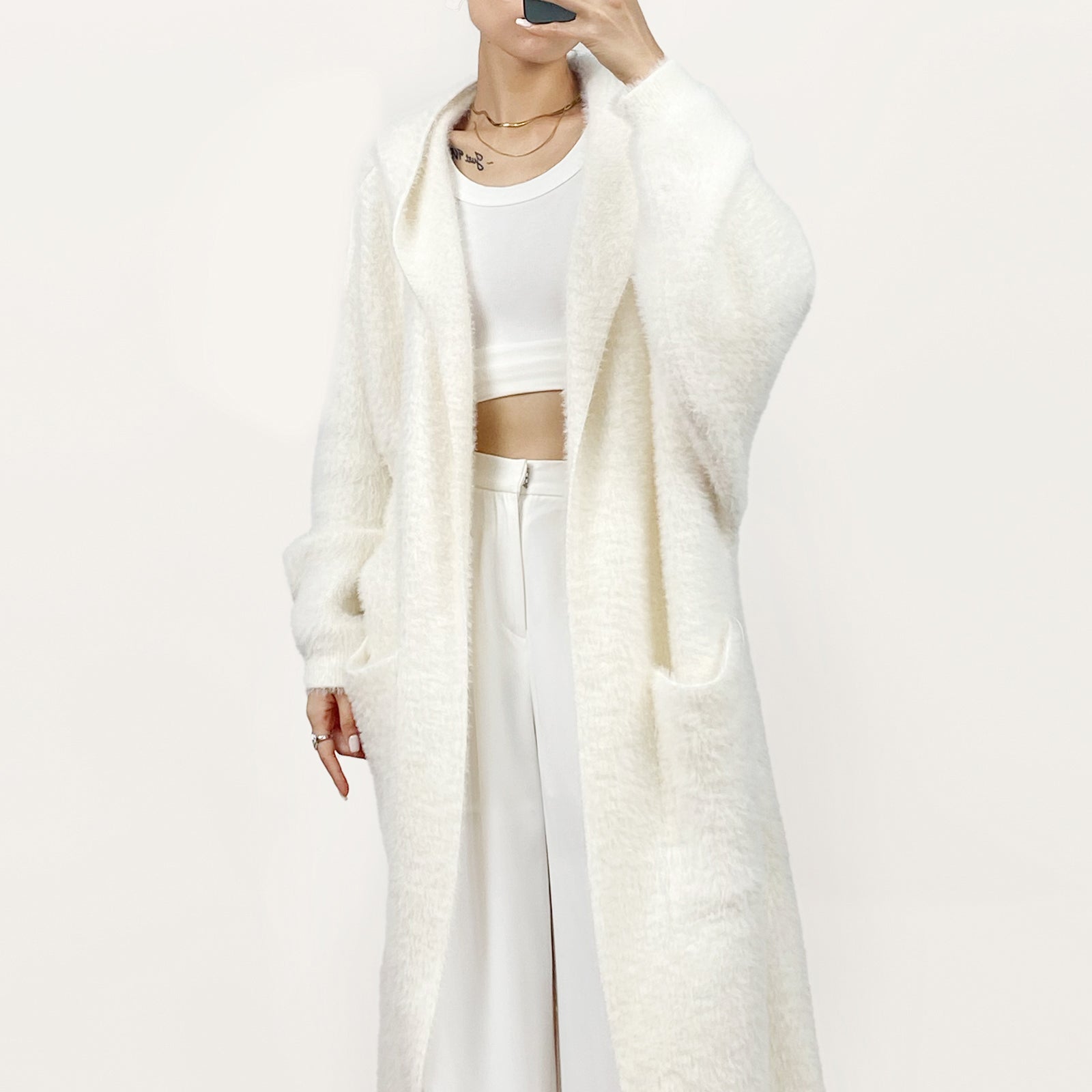 Ivory Faux Fur Open Front Hooded Long Cardigan