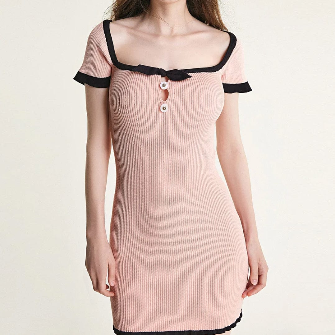 Pink Contrast Trim Bow Detail Rib-Knit Bodycon Mini Dress