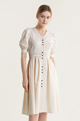 Ivory Contrast Stitch Lantern Sleeve V-Neck Midi Dress