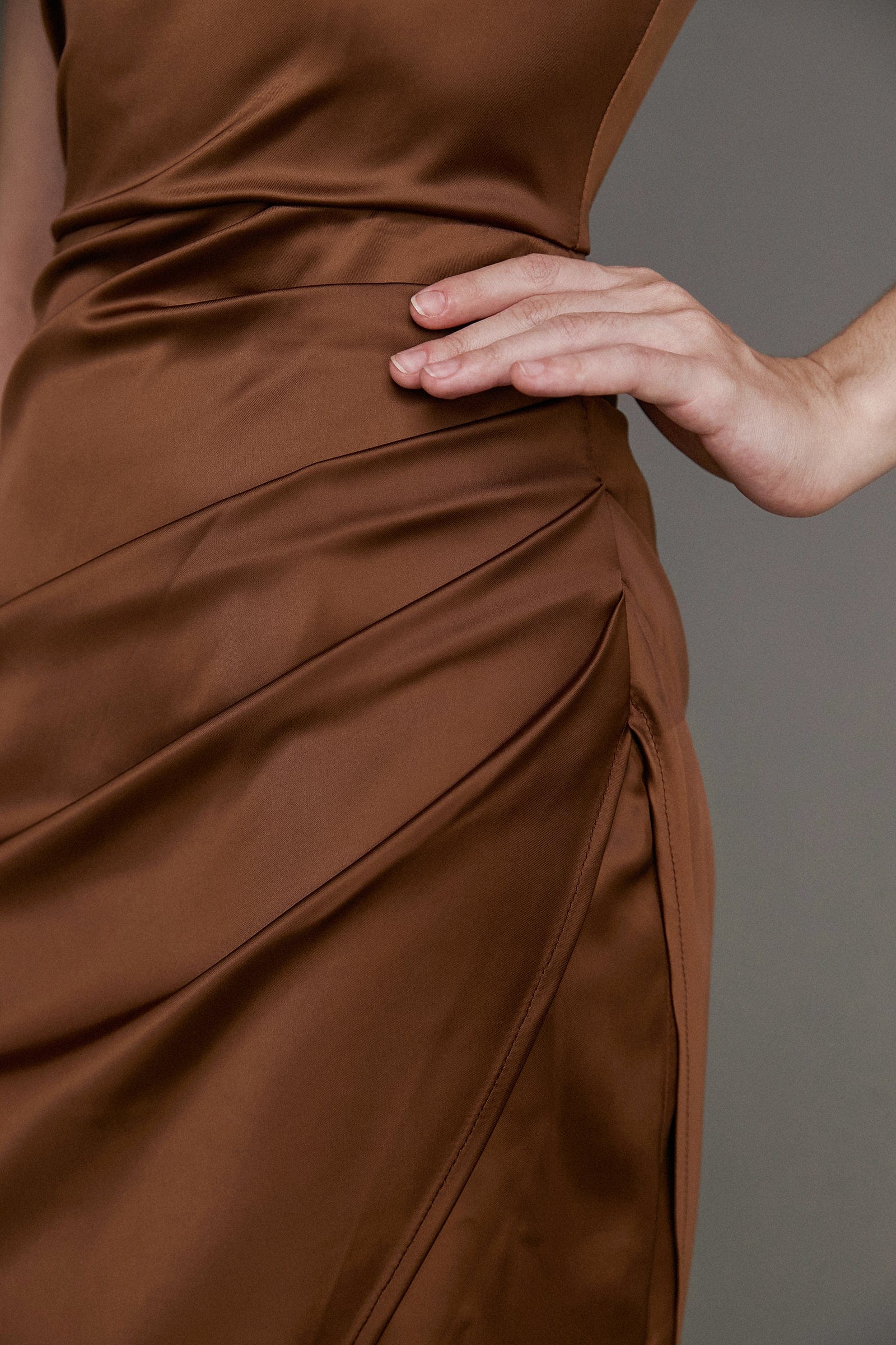 Saddle Brown Cowl Neck Pleat Detail High-Low Midi Dress