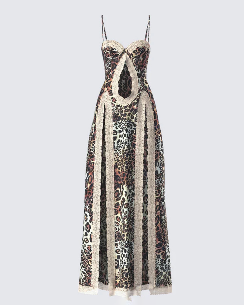 Leopard Print Strappy Lace Patchwork Slit Crop Dress