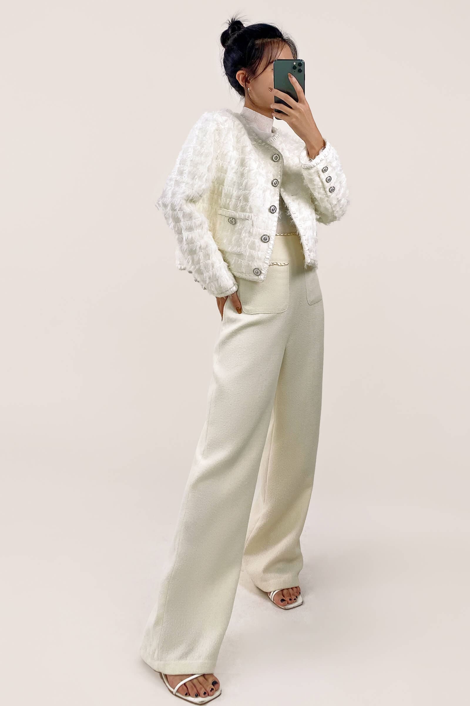 White Frayed Pocket Detail Round Neck Button-Up Tweed Jacket