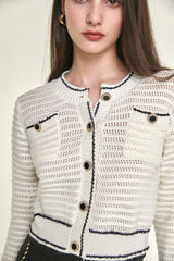 White Contrast Trim Button-Up Pointelle-Knit Cardigan