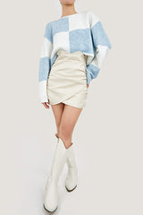 Light Sky Blue Cozy Crew Neck Plaid Sweater