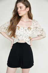 Old Lace Floral Print Bowknot Detail Zip-Up Blouse