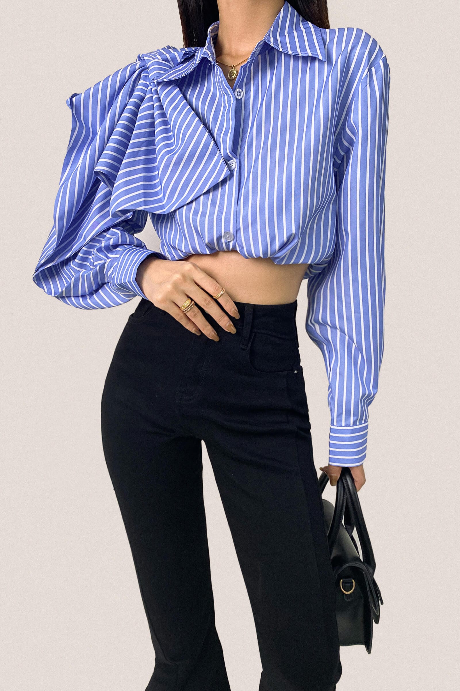 Cornflower Blue Striped Bow Detail Long Sleeve Button-Up Shirt
