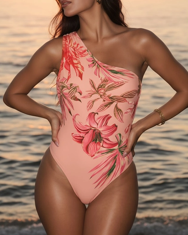 Pink Lily Print Swimsuit Set
