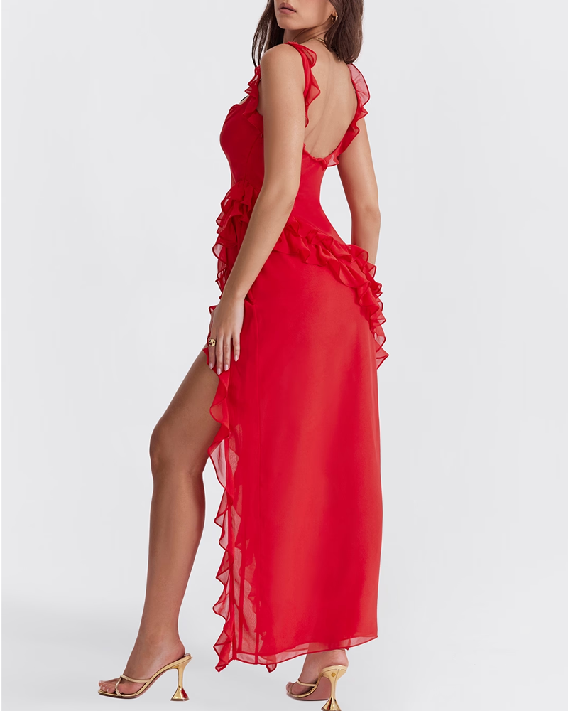 Ruffle Trim Slit Maxi Dress