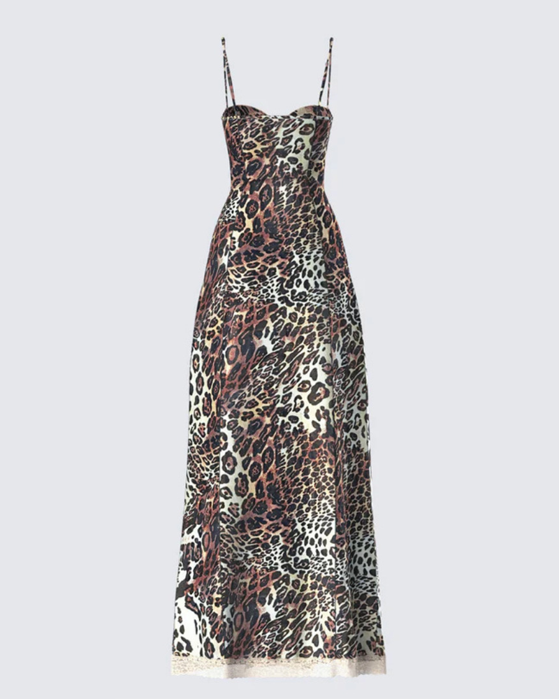 Leopard Print Strappy Lace Patchwork Slit Crop Dress