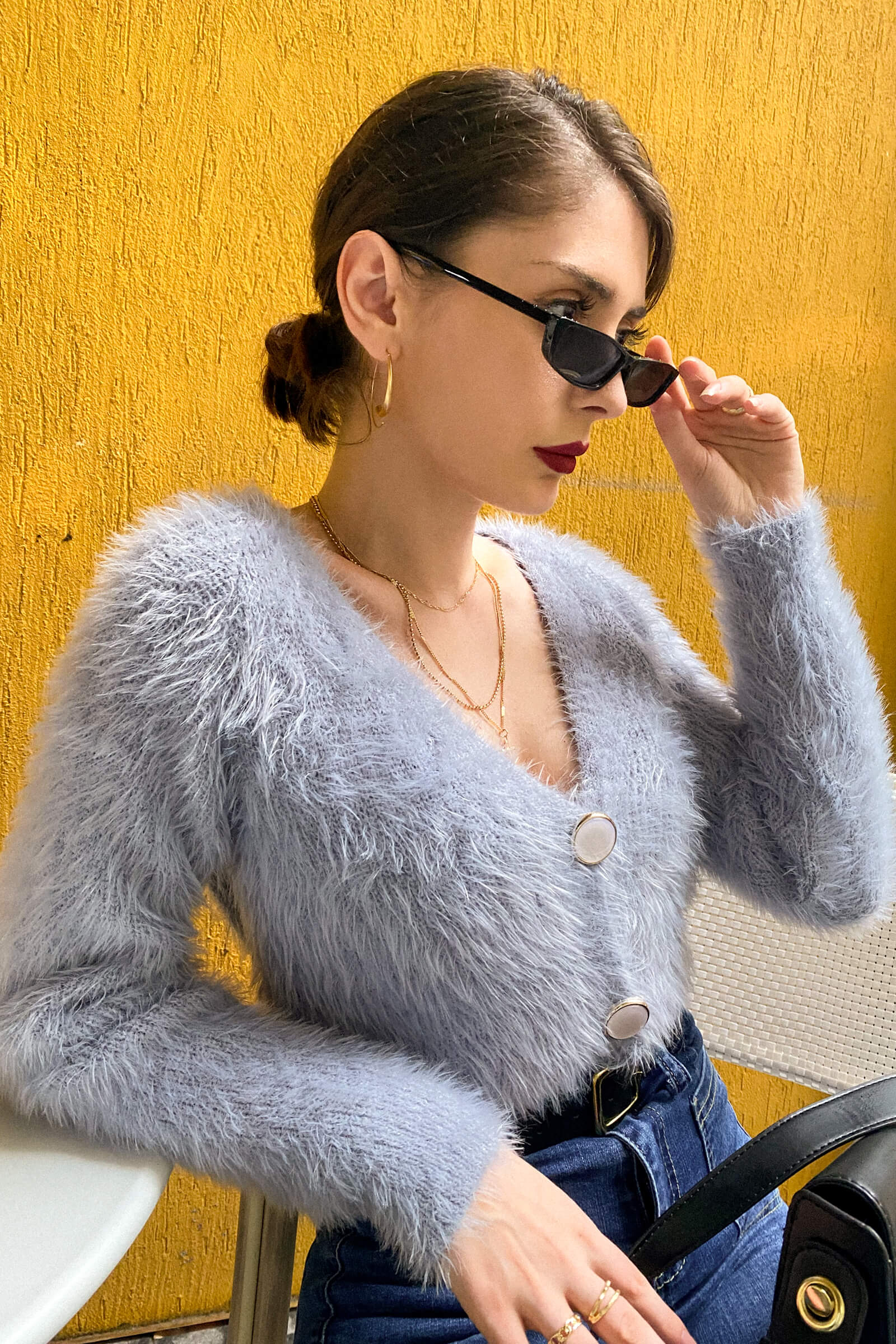 Dark Grey V-Neck Fuzzy Knit Cropped Cardigan