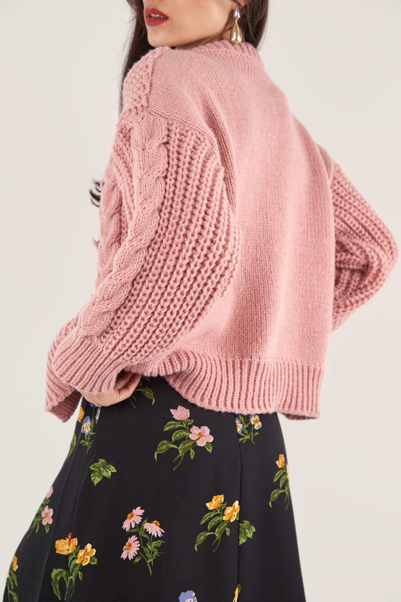 Dark Salmon Cable-Knit Button-Up Cardigan