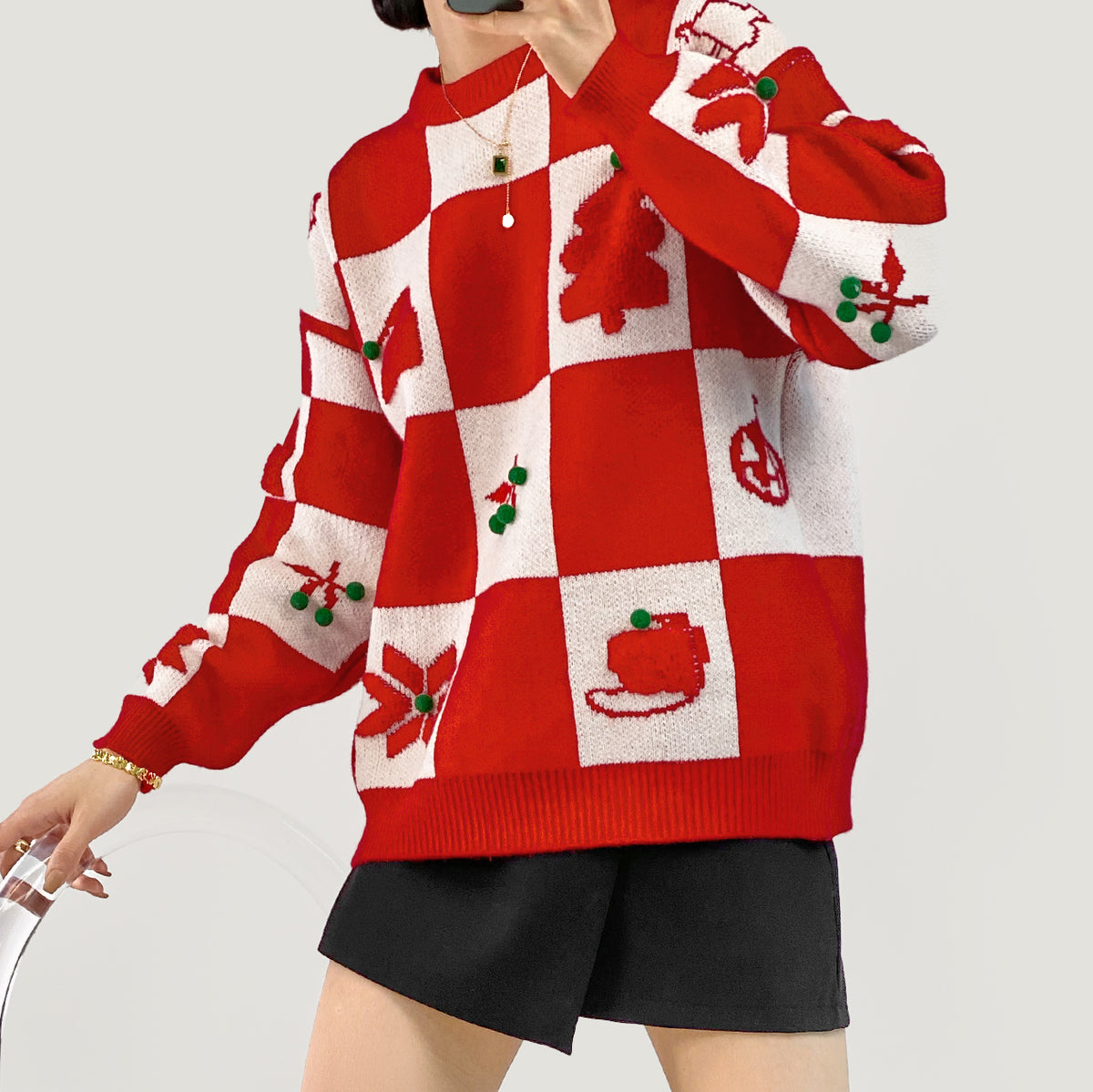 Red Cherry Prints Crew Neck Checkerboard Christmas