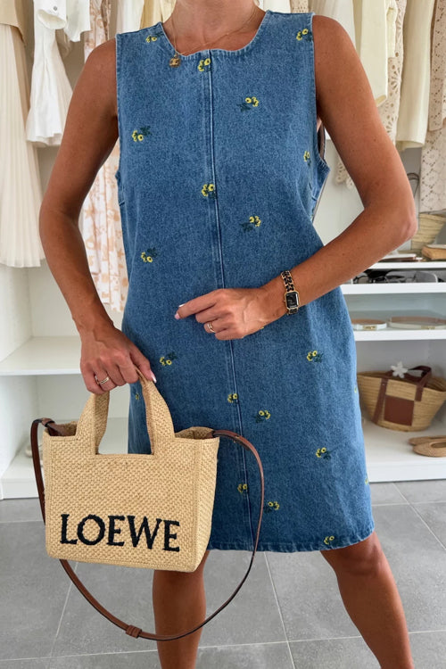 Dreamy Strolls Embroidered Tie-Back Denim Mini Dress
