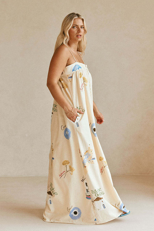 Lovable Aesthetic Print Flax Maxi Dress