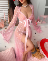 Plus Size Pink Polka Dot Mesh Robe Set