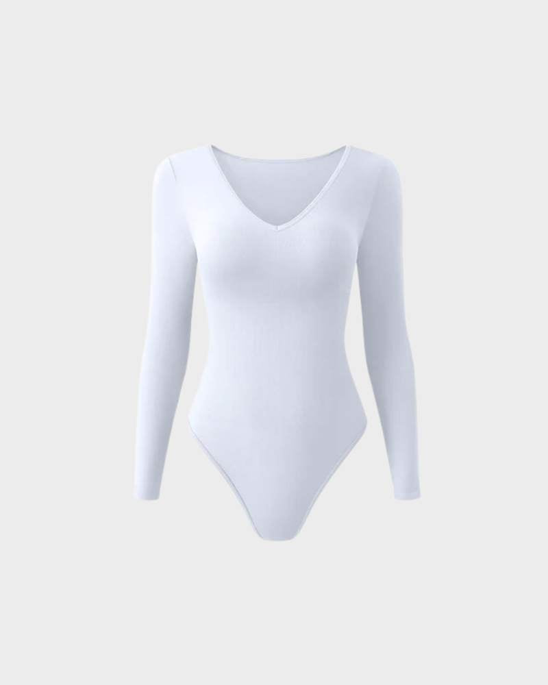Ribbed V Neck Long Sleeve Bodysuits