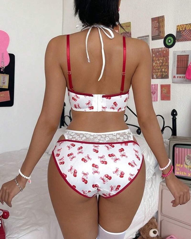 Lace-Trim Cherry Print Lingerie Set