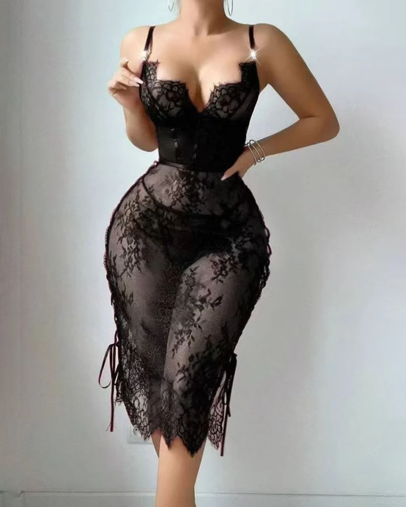 Lace Cutout Lace-Up Bodycon Babydoll Lingerie
