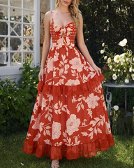 Bandeau Red Flower Print Cut Out Splicing Swimsuit Set