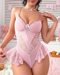 Lace Bodysuit with 3D Flower Embellishments