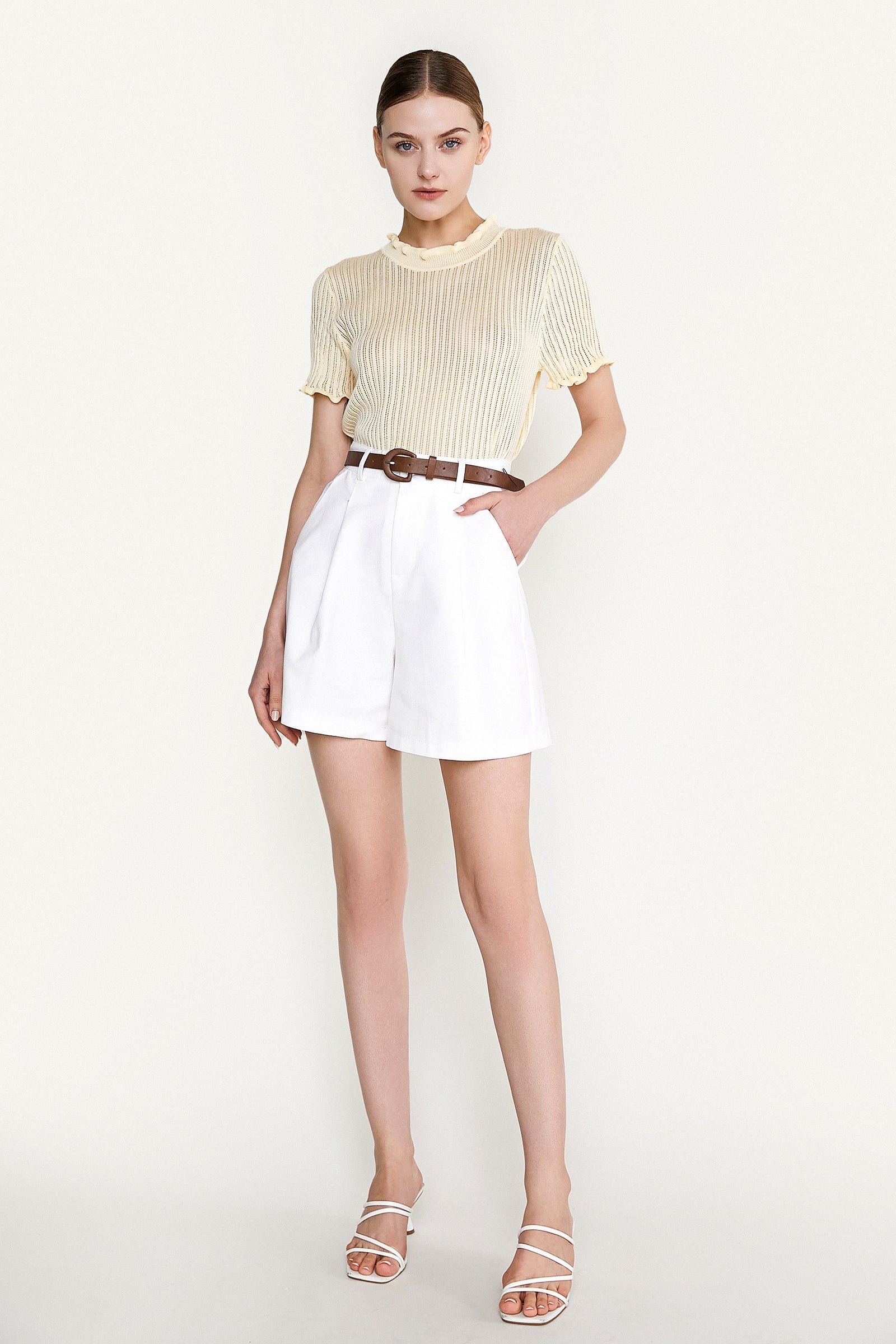 White Belted High Rise Cotton-Blend Shorts