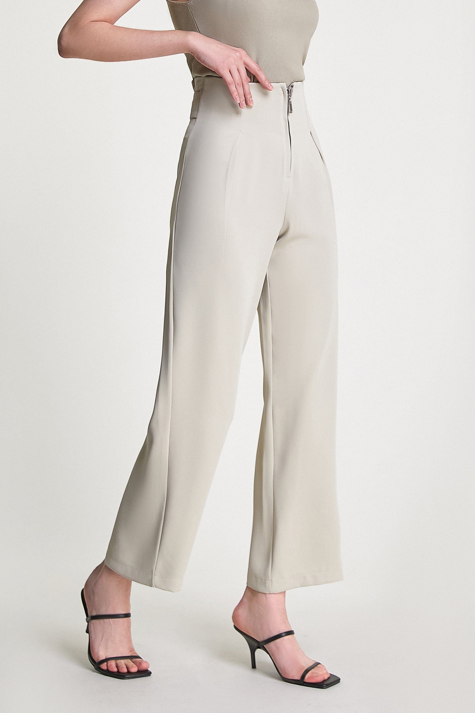 Tan Zip Front Straight Leg Tailored Pants