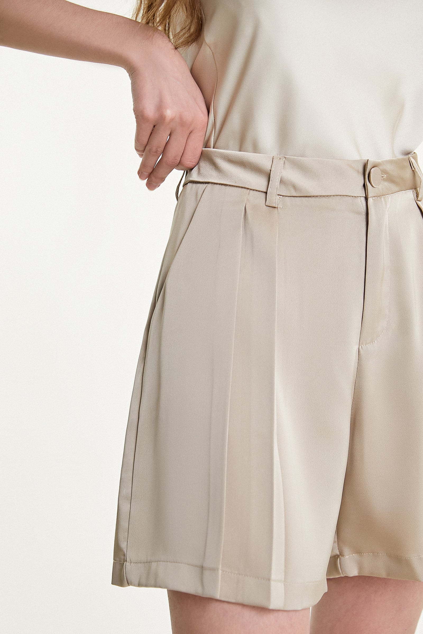 Old Lace Satin Pleated Front A-Line Shorts