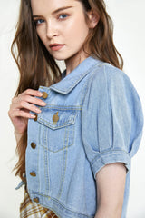 Light Slate Gray Puff Sleeve Pocket Detail Cropped Denim Jacket