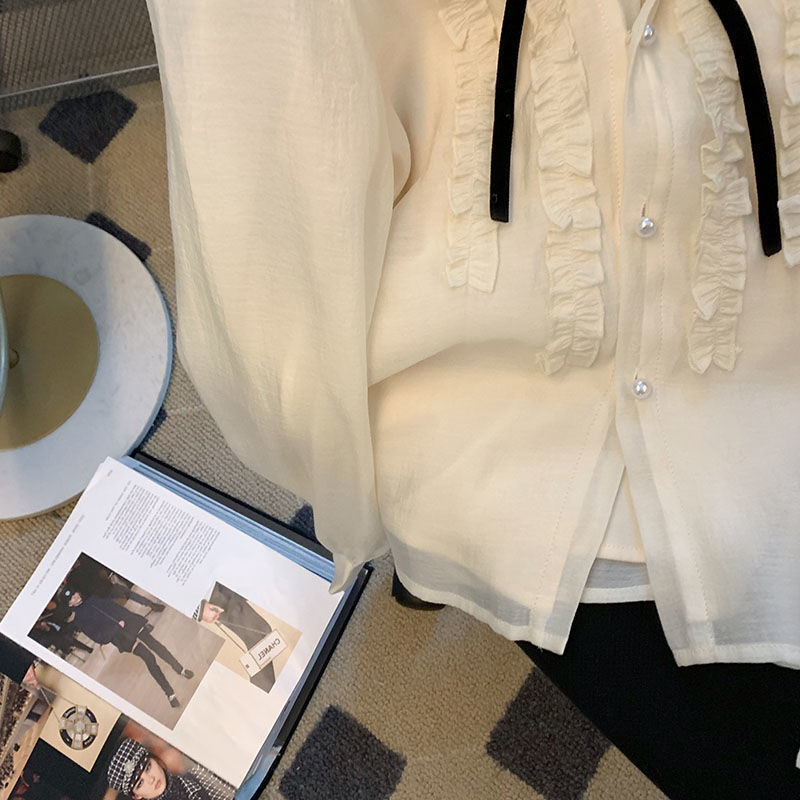 Lvory Long Sleeves Ruffled Neckline Blouse