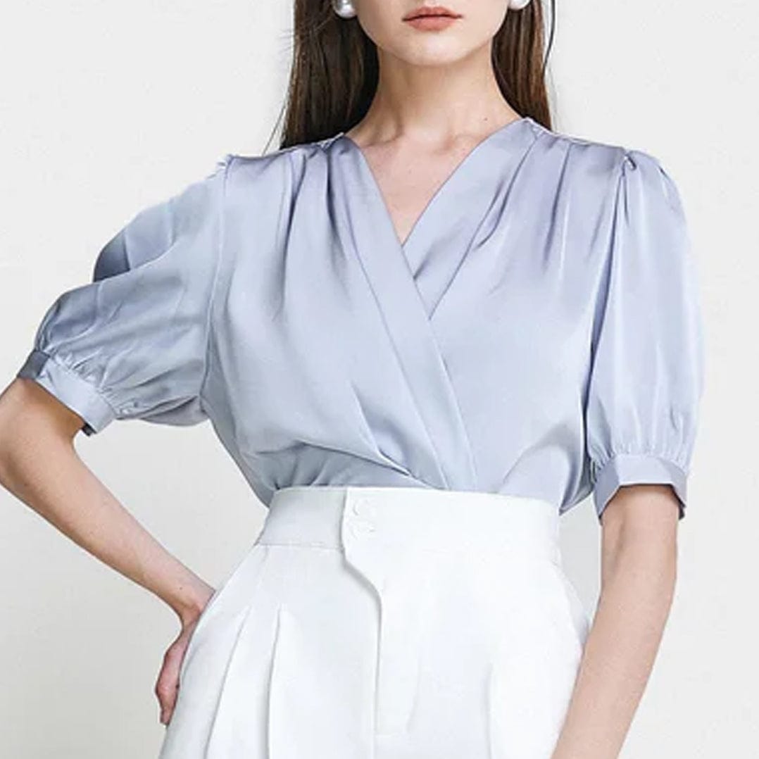 Light Steel Blue Surplice Neck Ruched Blouse