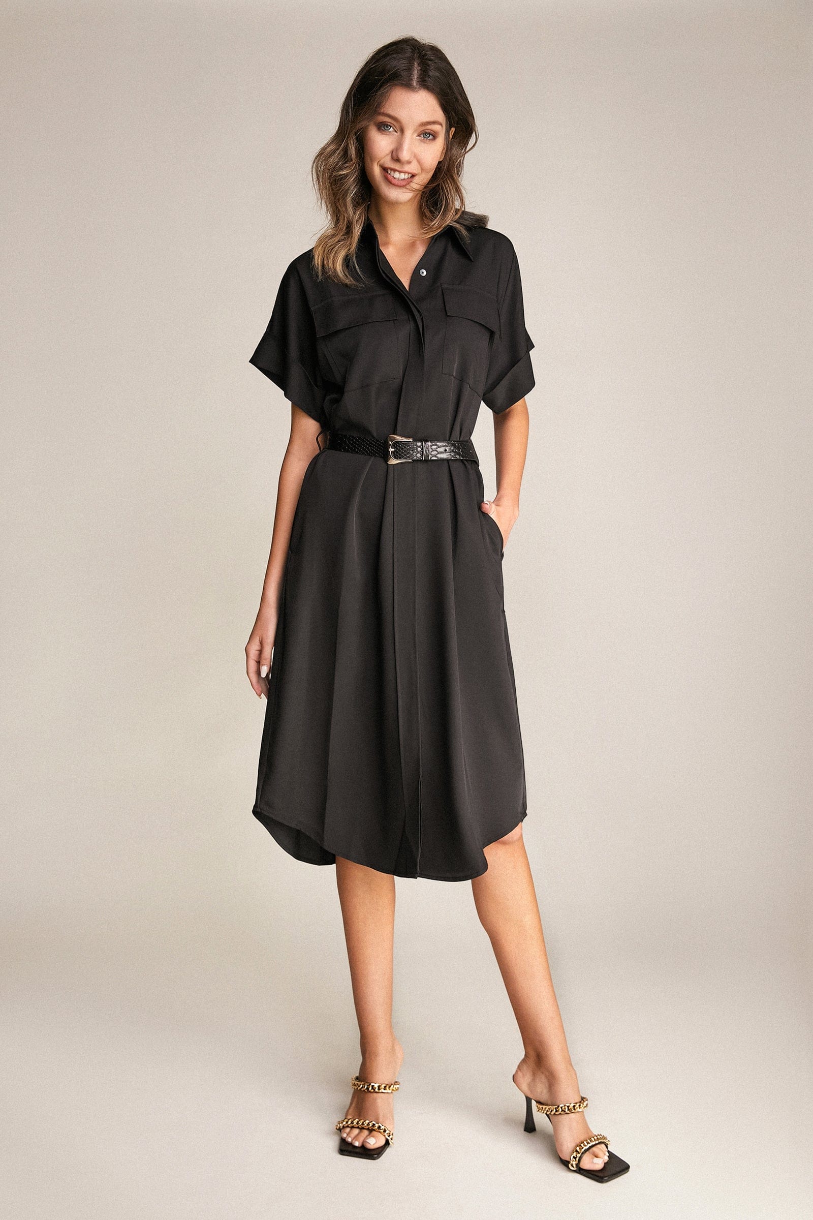 Black Dolman Sleeve Button-Up Tie Waist Shirt Midi Dress