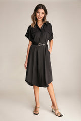 Black Dolman Sleeve Button-Up Tie Waist Shirt Midi Dress