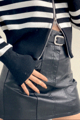 Black Vegan Leather Belted High Rise A-Line Mini Skirt