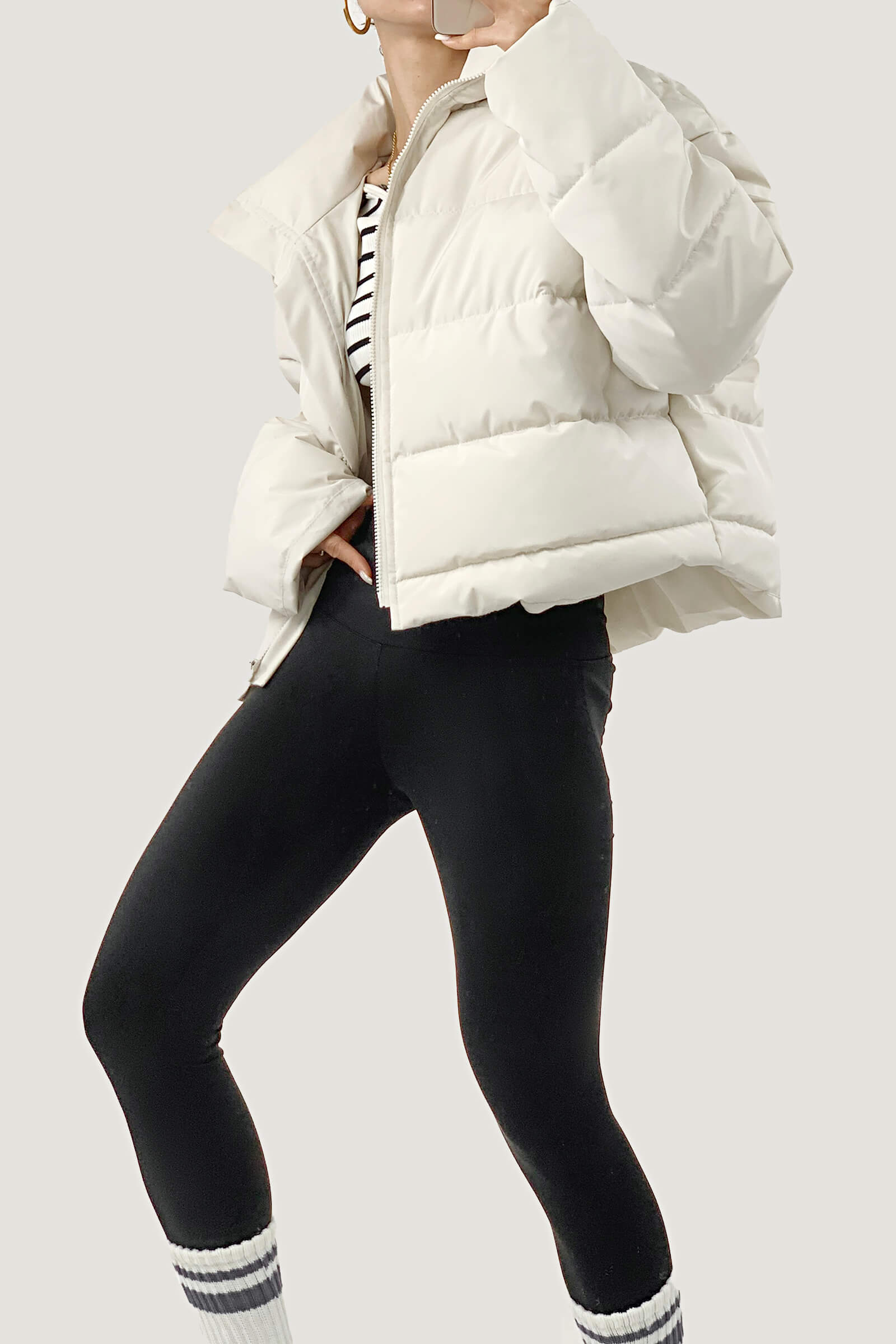 White Stand Collar Zip Puffer Jacket