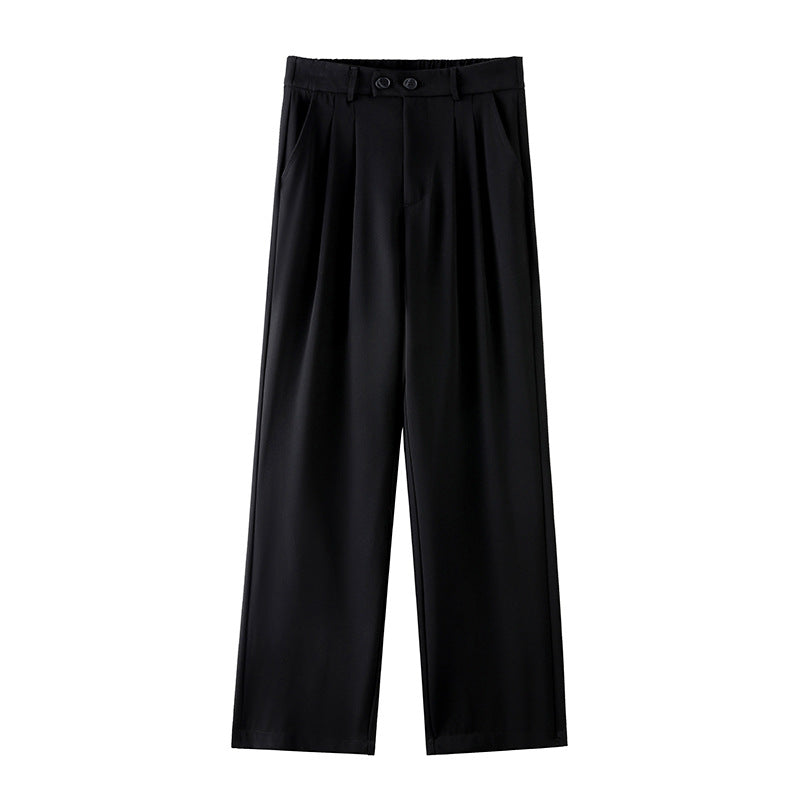 Black Business Casual Double Buckle Wide-leg Suit Pants