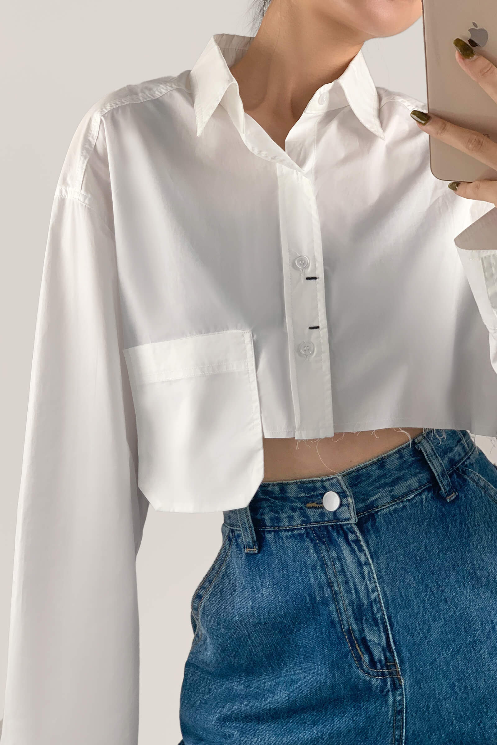 White Pocket Detail Cropped Shirt