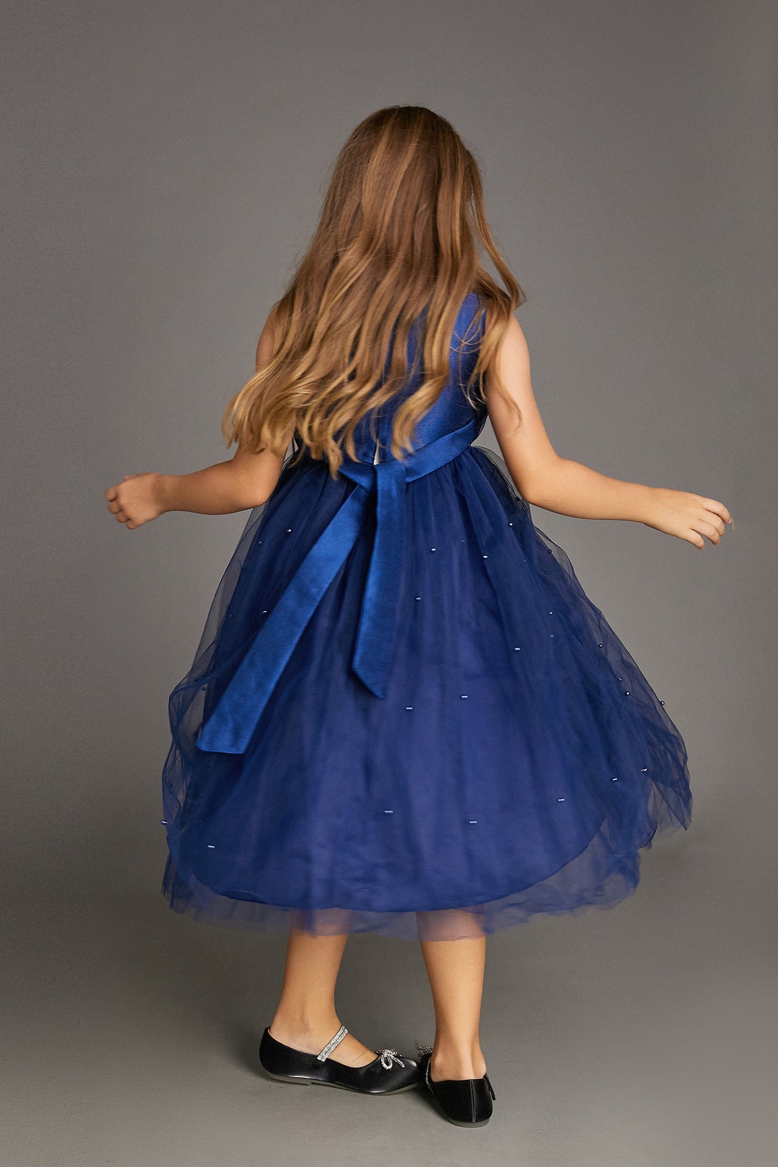 Kids Girls Midnight Blue Strapless Ruffled Pearl-Embellished Tulle Maxi Party Dress