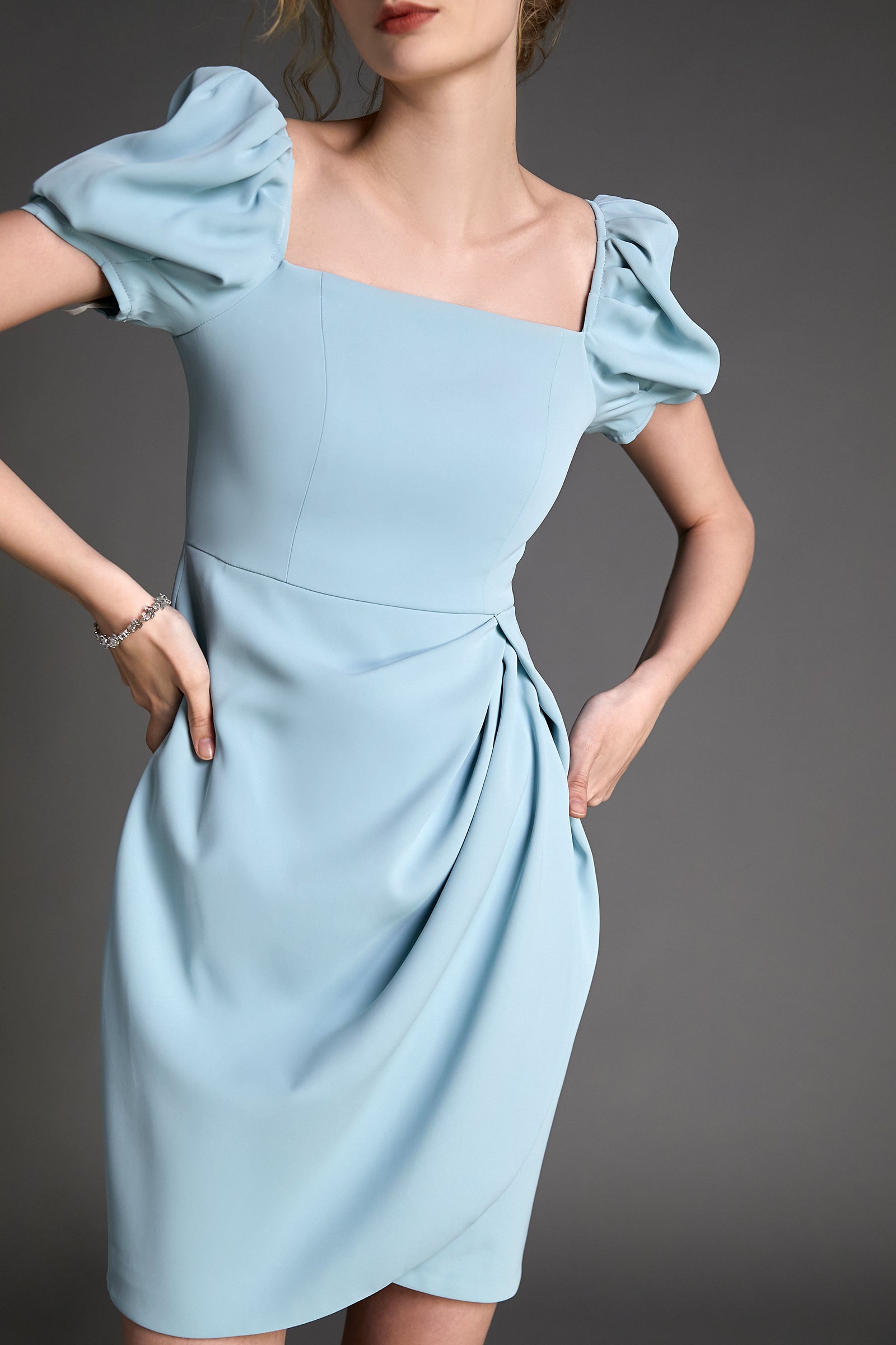 Light Blue Square Neck Puff Sleeve Mini Dress