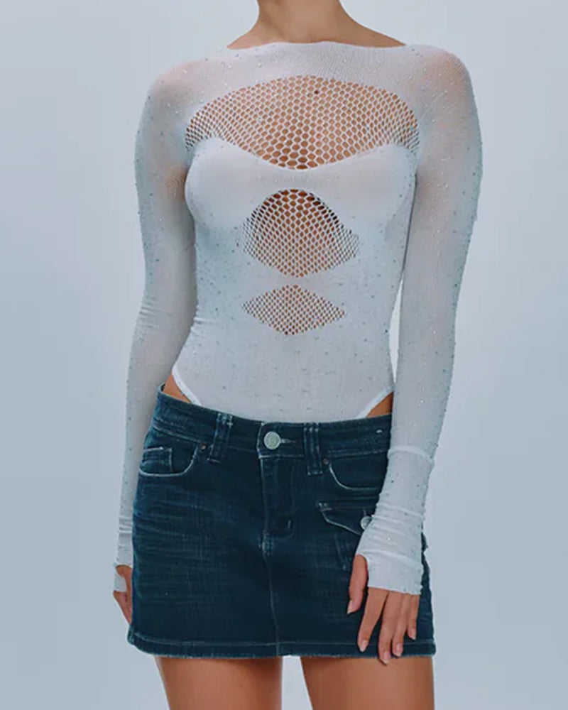 Rhinestone Stretch Fishnet Round Neck Long Sleeve Bodysuit