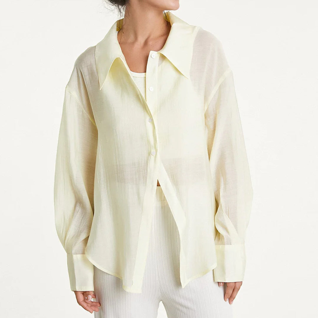 Lemon Chiffon Button-Up Drop Shoulder Oversized Shirt