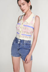Ivory Striped Button-Up Knitted Collar Vest