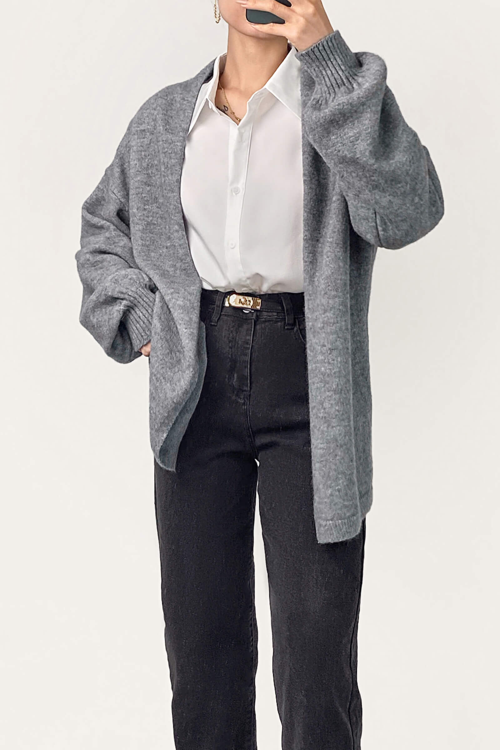 Light Grey Open Front Relaxed Fit Cardigan