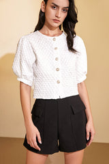 White Textured Puff Sleeve Blouse