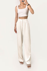 Ivory Half Elastic Pleat Detail Wide Leg Suit Pants