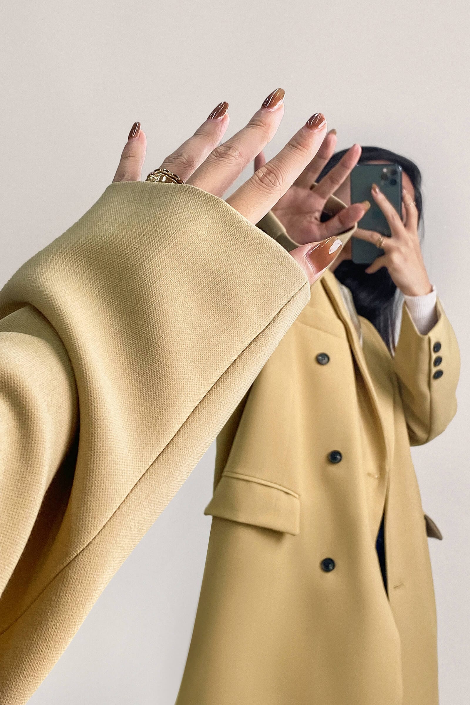 Khaki Padded Shoulder Double-Breasted Longline Coat