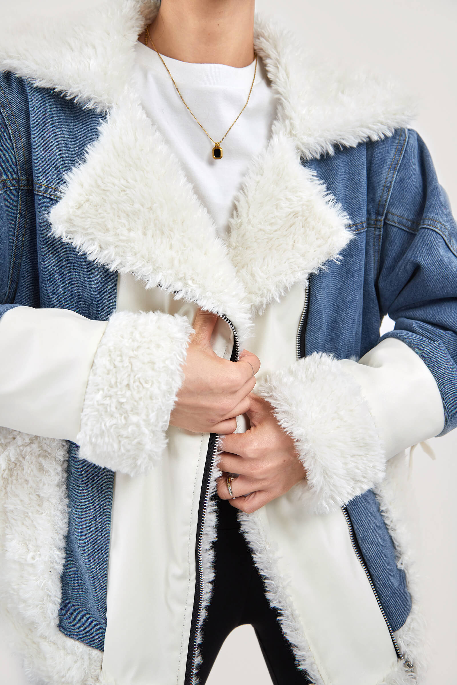 Zip Up Teddy Denim Jacket