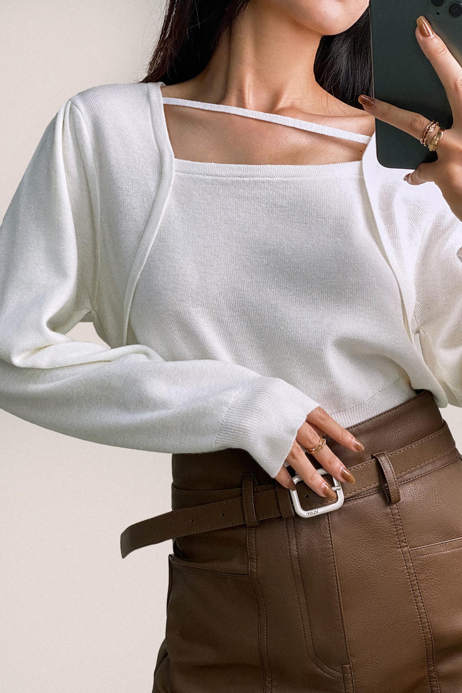 White Wool-Blend Strap Detail Asymmetric Neck Sweater