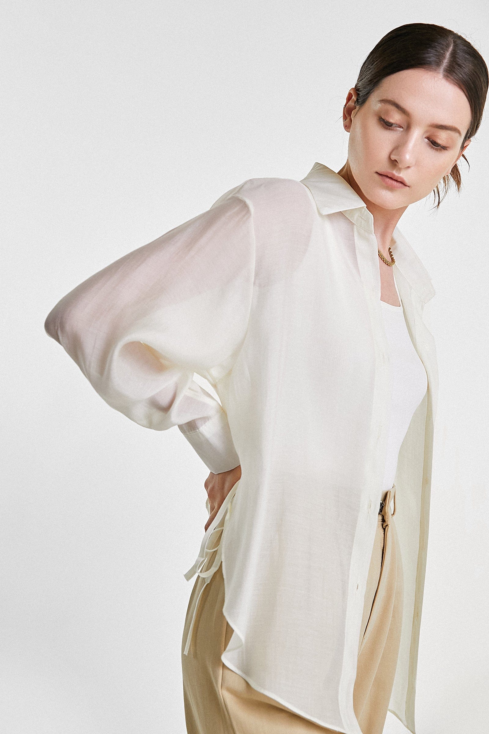 White Tie Side Button-Up Oversized Shirt