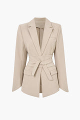 Basic Solid Notched Lapel Belted Blazer